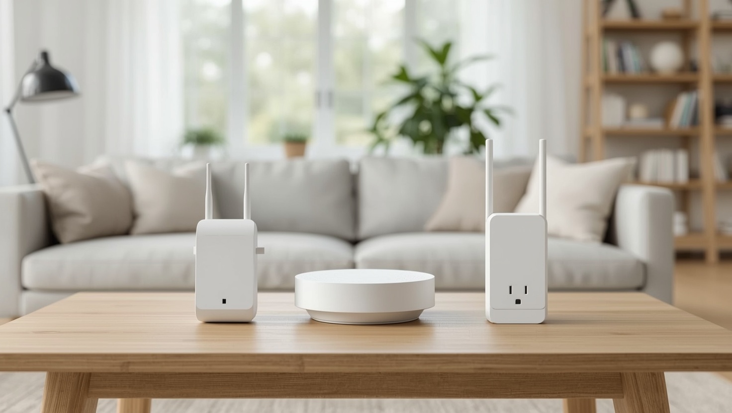 WLAN Repeater, Mesh-Knoten und Powerline-Adapter nebeneinander auf einem Tisch