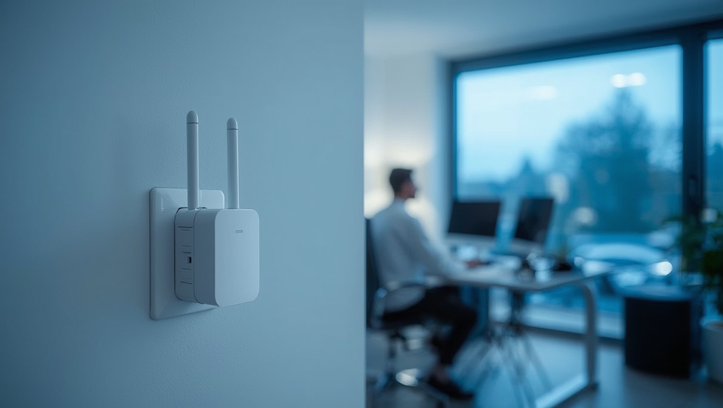 Moderner WiFi 6 Repeater in der Steckdose eines Homeoffice
