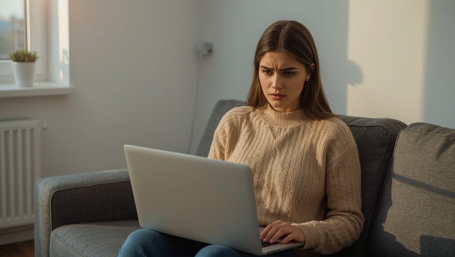 Frau mit Laptop auf dem Sofa, langsames WLAN trotz Repeater